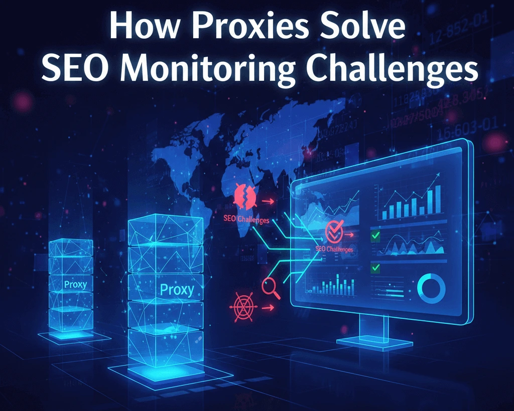 Infographic showing exactly how the best SEO proxies help with accurate SEO monitoring and rank tracking by using residential rotating proxies to bypass IP bans, CAPTCHAs, rate limits, and deliver real local SERP results from any country or city.