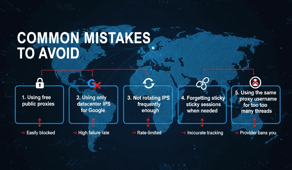 Infographic of the 5 biggest mistakes SEOs make with proxies: using free public proxies, only datacenter IPs for Google, not rotating IPs, forgetting sticky sessions, and overloading the same proxy username — all lead to blocks and inaccurate rank tracking