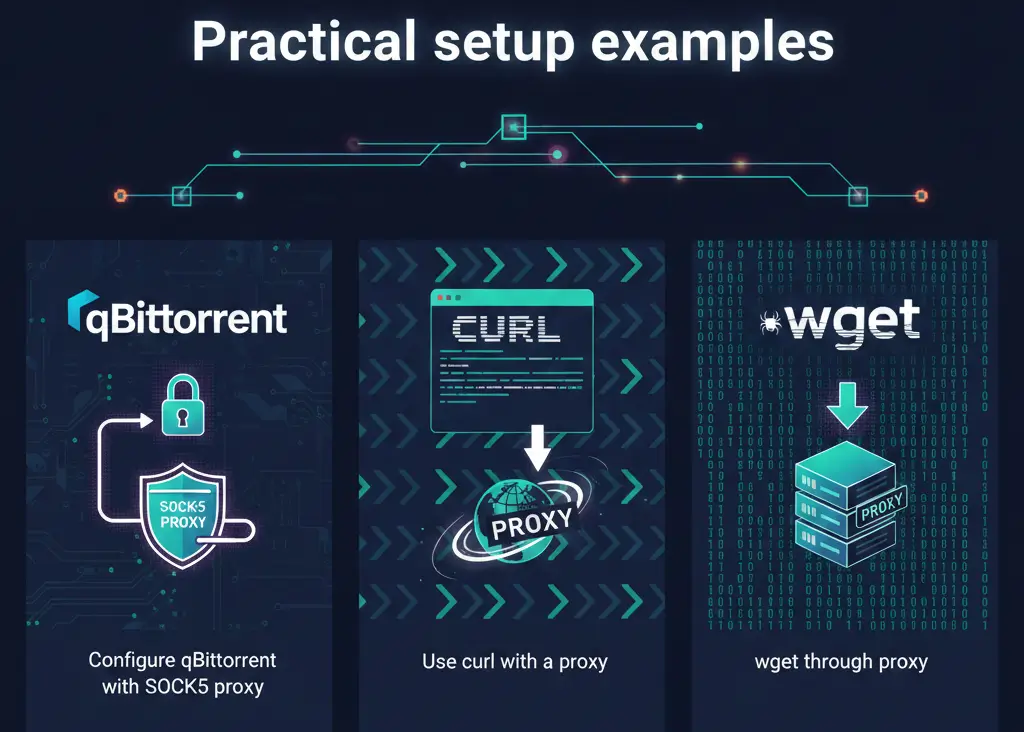 qBittorrent, curl, and wget configured to route traffic through a proxy server