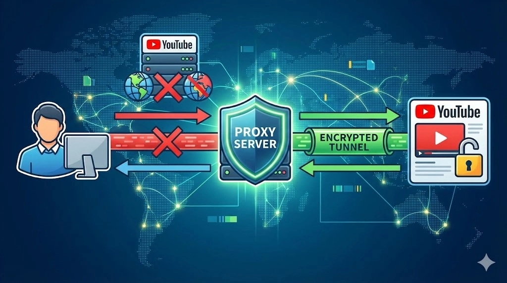 Infographic explaining how a YouTube proxy works with OKKProxy – routing traffic through proxy servers to bypass restrictions and access geo-blocked content