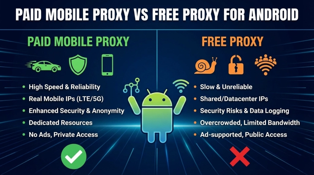 Comparison chart of the best proxy services for Android devices featuring OKKProxy as a top option