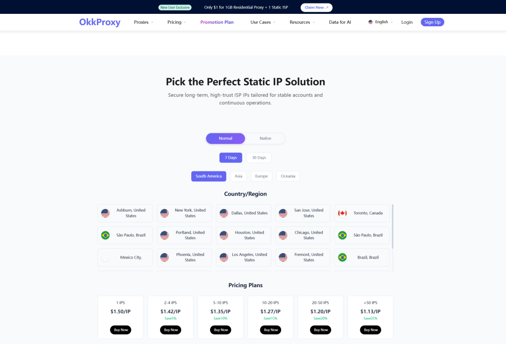 OKKProxy static IP proxy pricing and plan overview