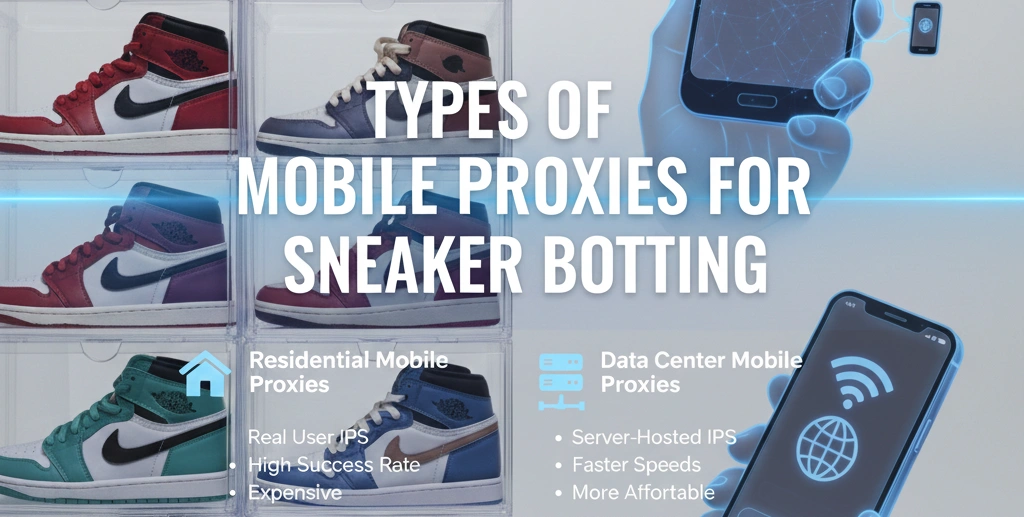 Comparison chart illustrating different types of sneaker proxy servers including mobile, residential, datacenter, and ISP proxies for successful sneaker copping with Okkproxy