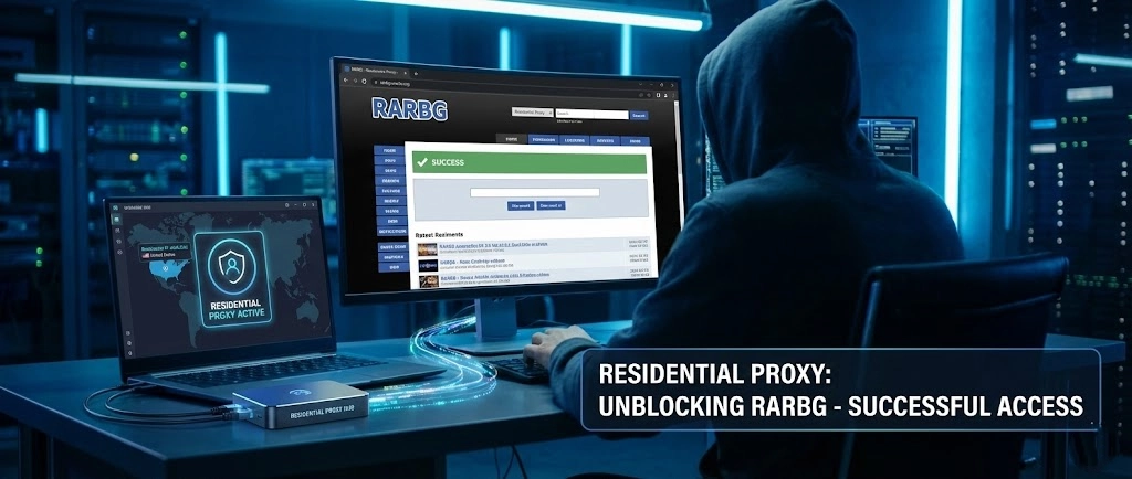 2026年使用OkkProxy住宅代理访问RARBG替代方案的示意图，帮助用户通过代理服务绕过网络限制获取资源