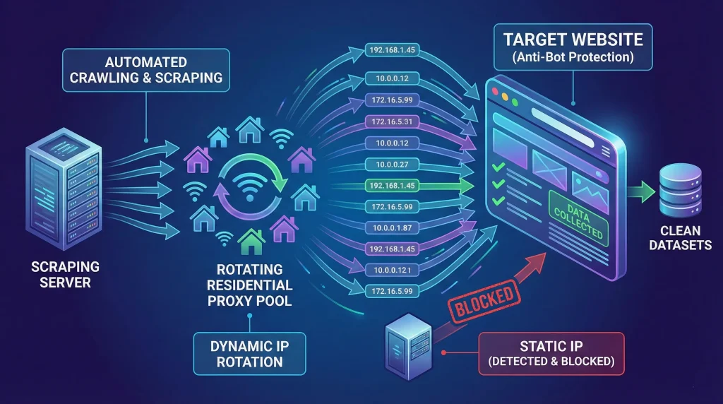 Use rotating residential proxies for web scraping and crawling with OKKProxy guidance
