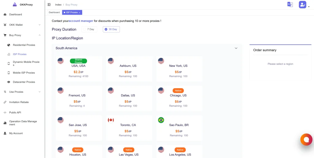 OkkProxy static residential proxy price plan starting from $2.2 per IP