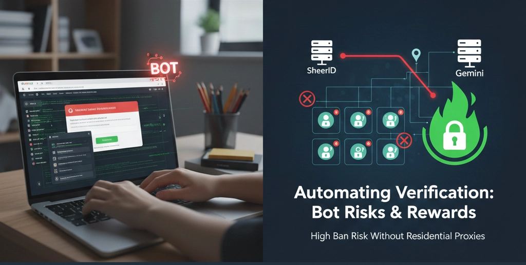 Person using a laptop to navigate a SheerID verify bot interface for Google Gemini student verification while using OkkProxy residential IPs.