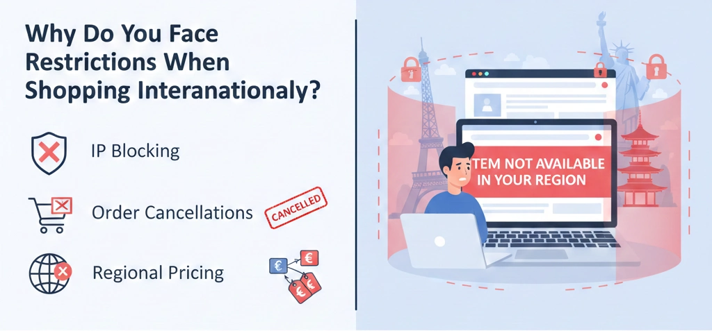 Why you face restrictions when shopping internationally – geo-blocking, shipping limits, and payment issues explained with OkkProxy guide.