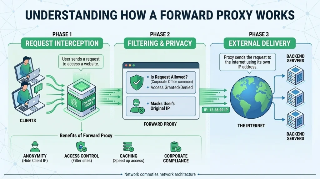 A diagram showing how a forward proxy works, with client requests routed through the proxy server to the internet.