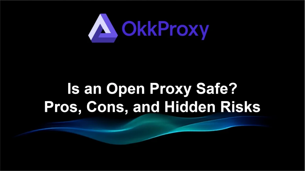 A digital shield with a padlock stands between a safe "Residential Proxy" path and a blocked "Open Proxy" danger zone, representing secure browsing choices guided by OKKPROXY.