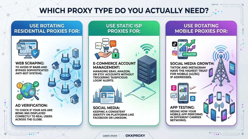 Comparison of residential, mobile, and datacenter proxies showing which type is best to replace free proxies