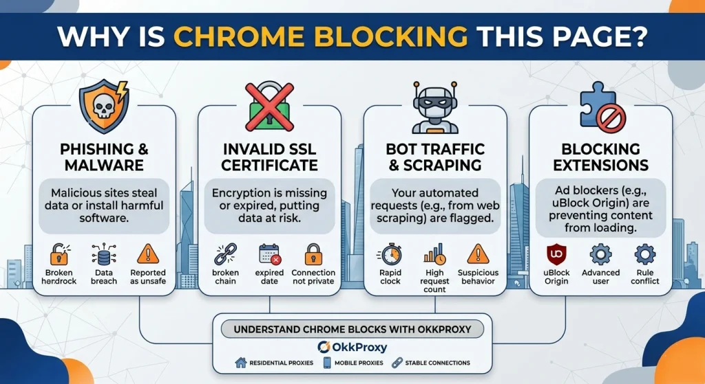 Explanation of why Chrome blocks a page and how OKKProxy helps you access it safely