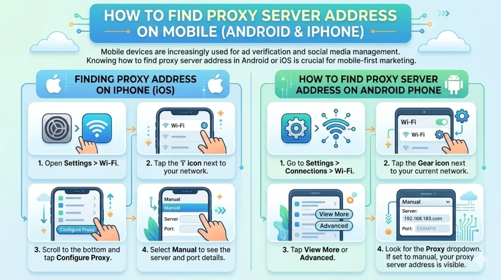 Step-by-step guide on how to find proxy server address on Android and iPhone guided by OkkProxy