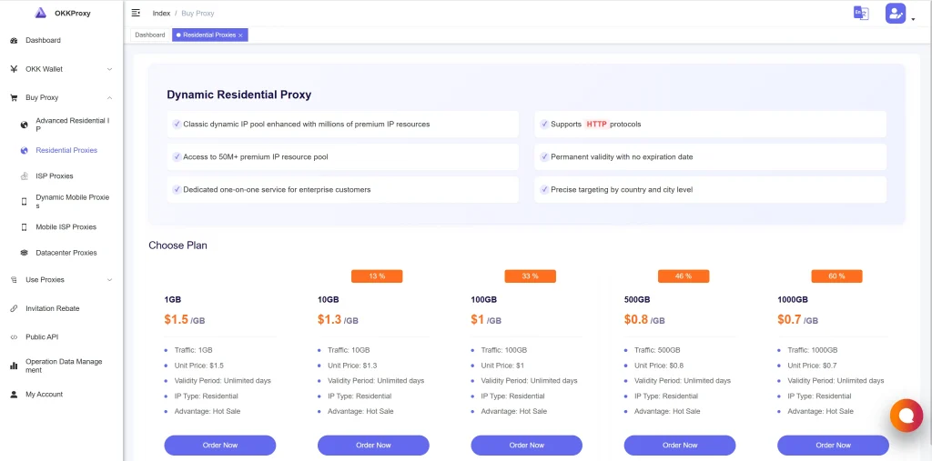 OkkProxy Residential Proxy Price Plan Comparison