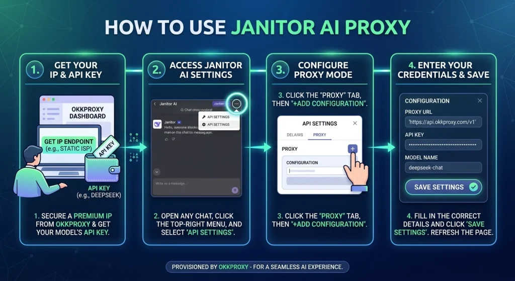 Step by step guide on how to turn on Proxy Janitor AI using Okkproxy