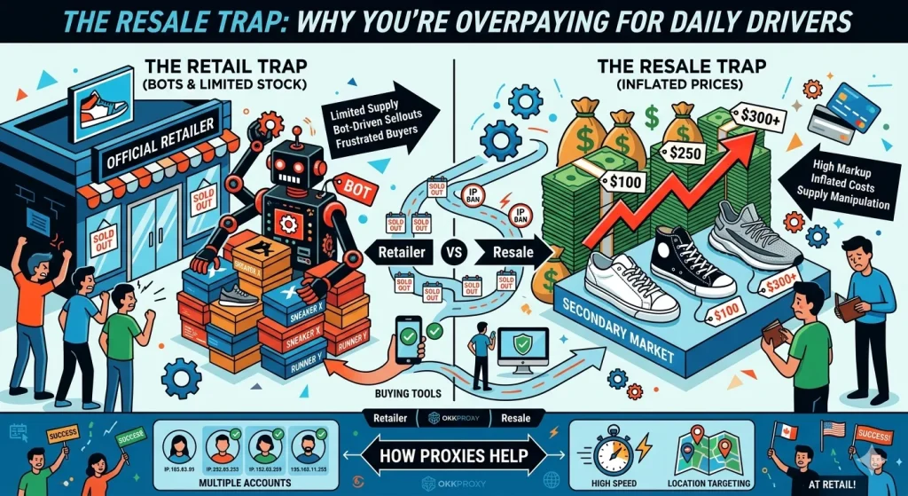 Man wearing worn everyday sneakers standing next to a new identical pair showing cost difference