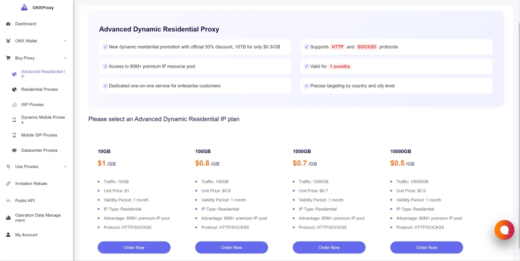 OKKProxy advanced residential proxies dashboard interface