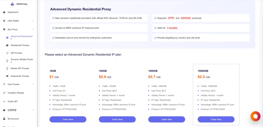 OKKProxy enterprise rotating residential proxy charged per GB