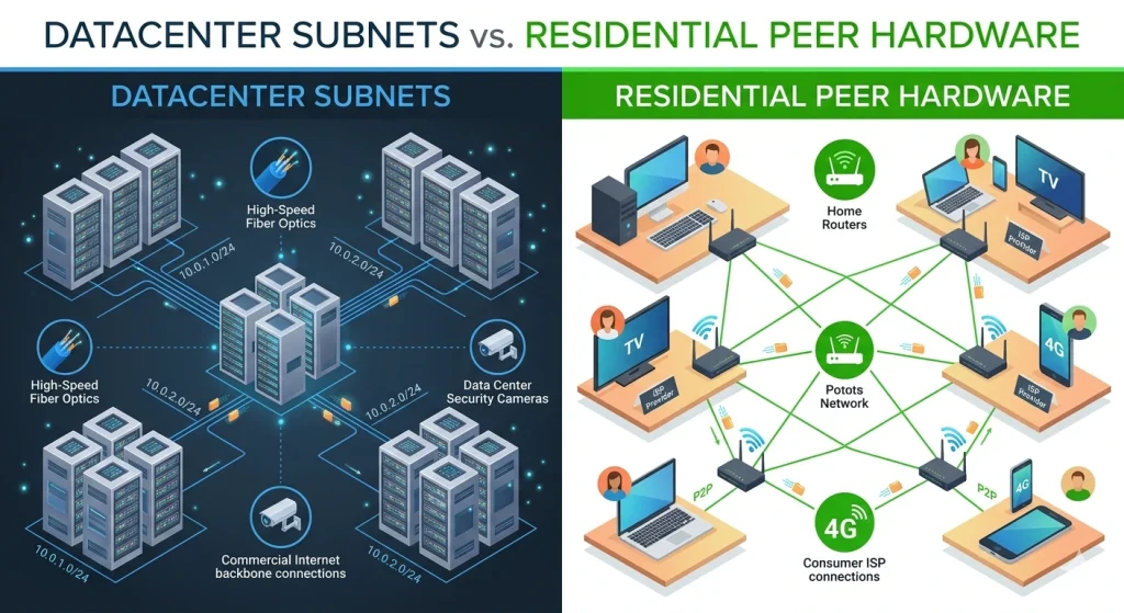 OKKProxy guide comparing datacenter subnets vs residential peer hardware for proxy selection