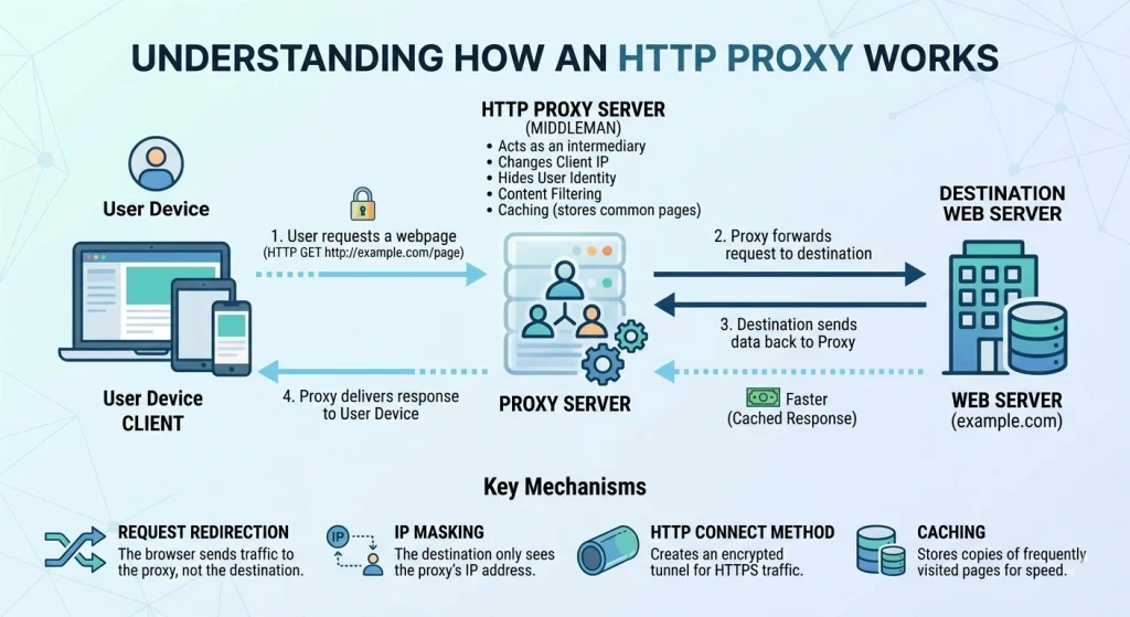 Illustration showing how an HTTP proxy works as an intermediary between a client device and the internet