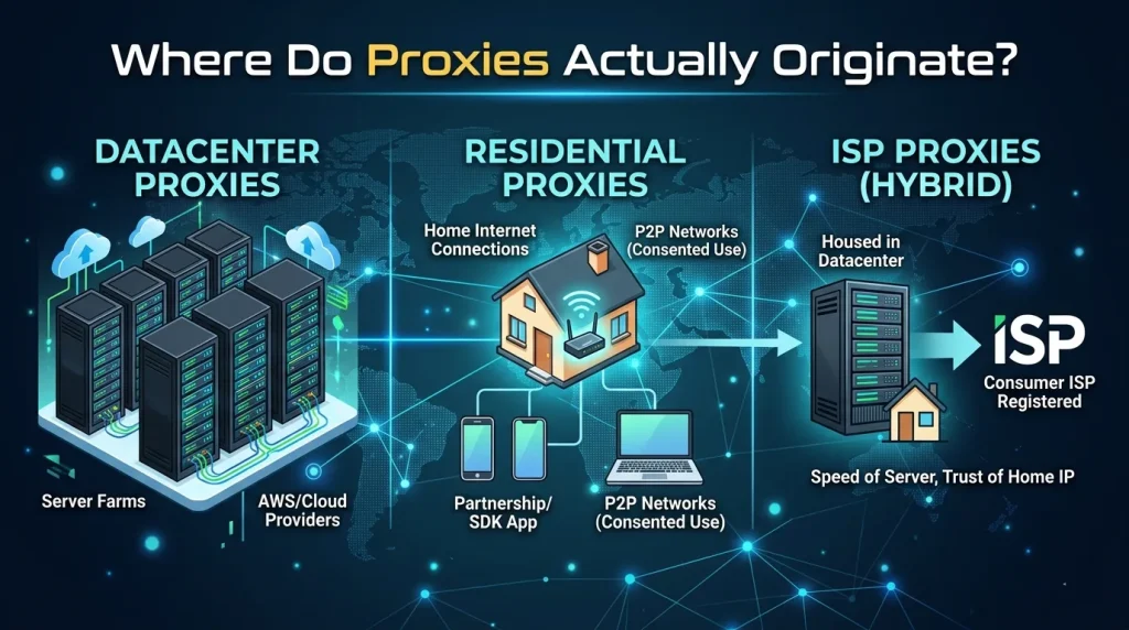 OkkProxy guide illustration showing where proxies actually originate