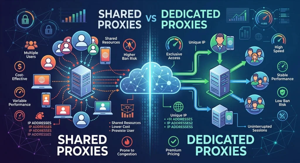 OKKProxy guide comparing shared proxies vs dedicated proxies