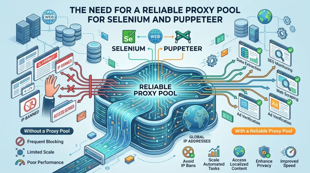 Okkproxy guide explaining the need for a reliable proxy pool when using Selenium and Puppeteer for web automation