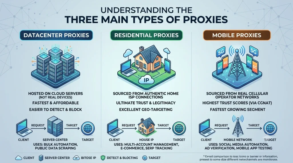 Okkproxy guide explaining the main types of proxies and their key differences