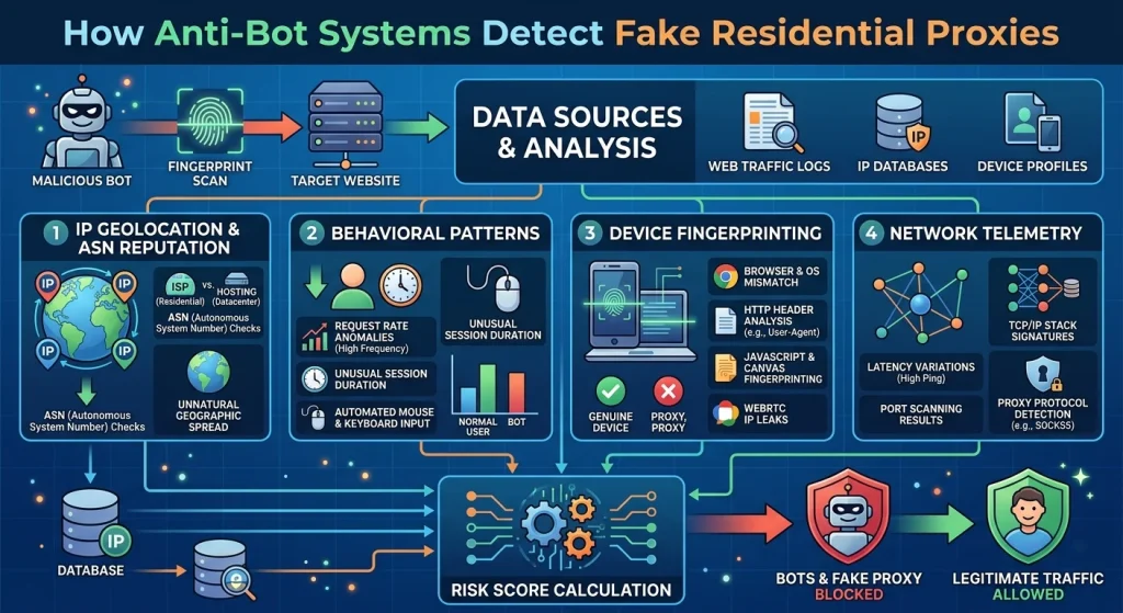 Okkproxy guide explaining how anti-bot systems detect fake residential proxies