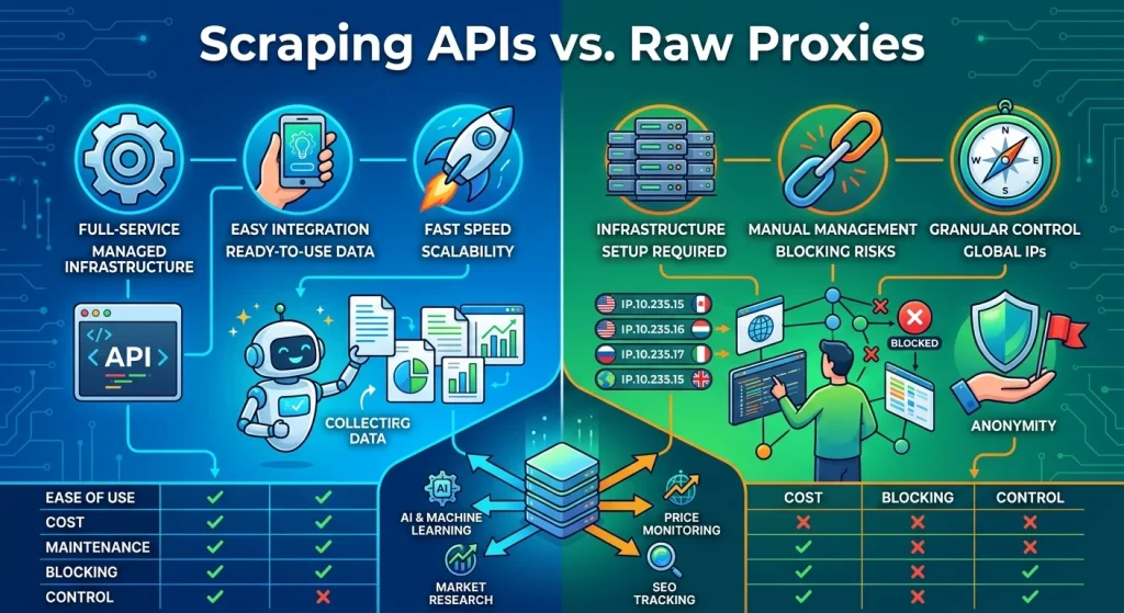 Okkproxy guide comparing scraping APIs and raw proxies for LLM data collection