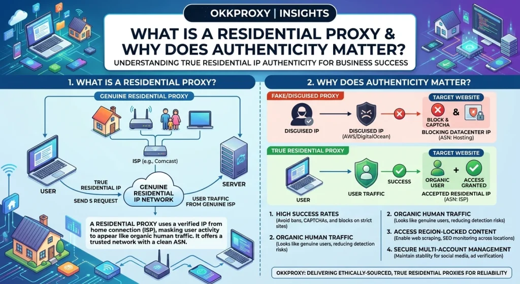 Okkproxy guide explaining what a residential proxy is and why authenticity matters for reliable operations