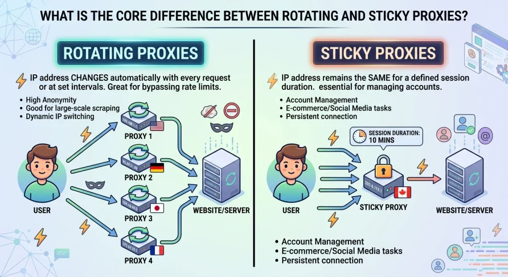 Okkproxy guide explaining the difference between rotating proxies and sticky proxies for different use cases