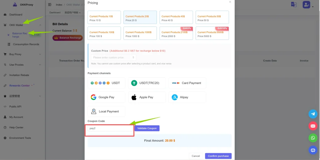 Okkproxy promo code offering 10% off all product top-ups and proxy plan purchases