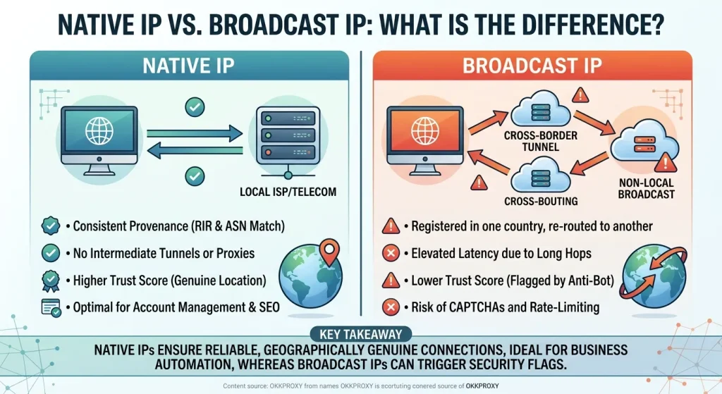 Okkproxy guide explaining the difference between native IP and broadcast IP for proxy and networking users